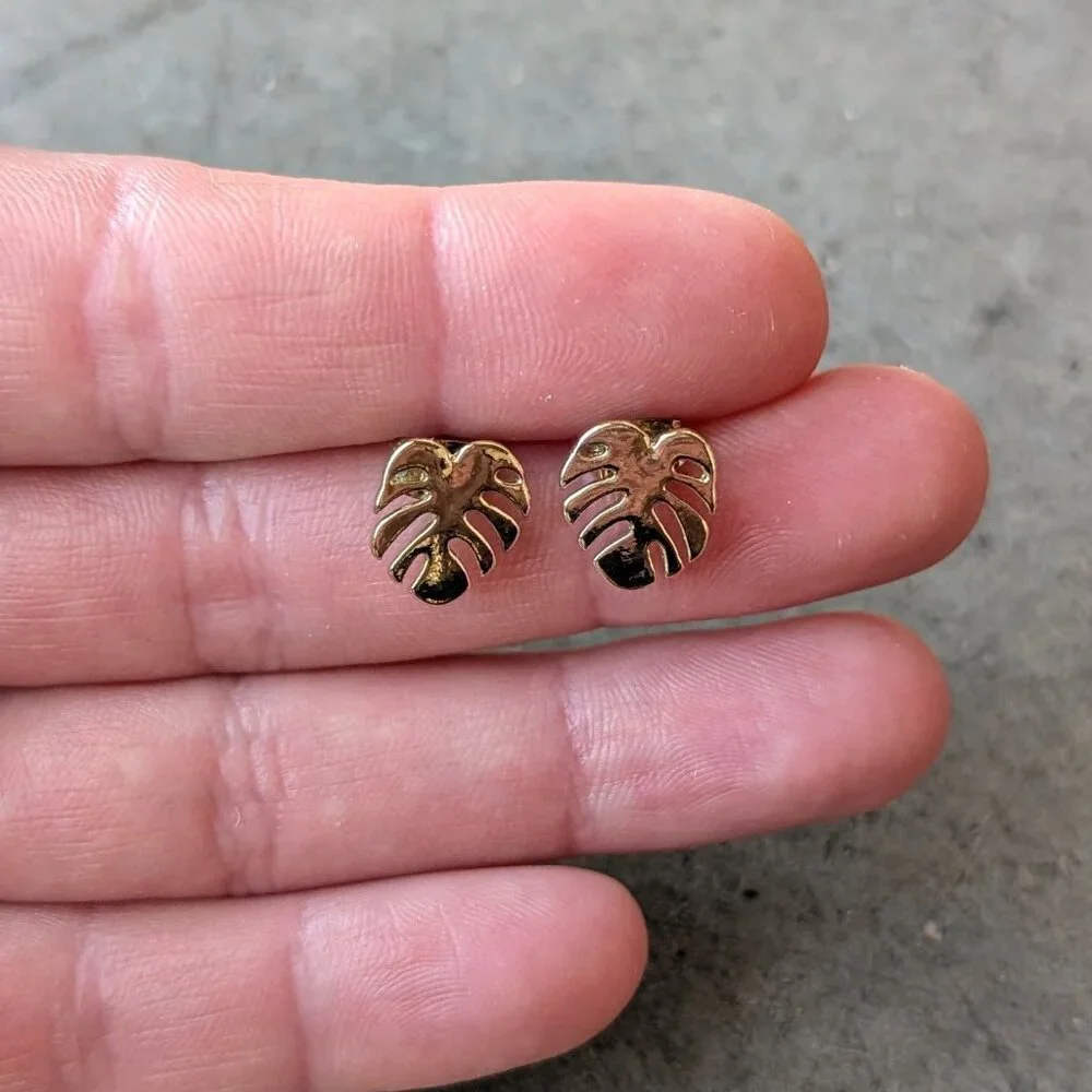 Set of Three Coral, Teal, Leaf Gold Post Earrings